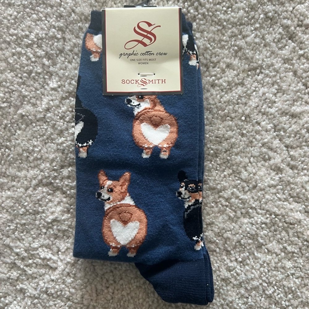 Socksmith Corgi Graphic Cotton Crew Socks - Navy